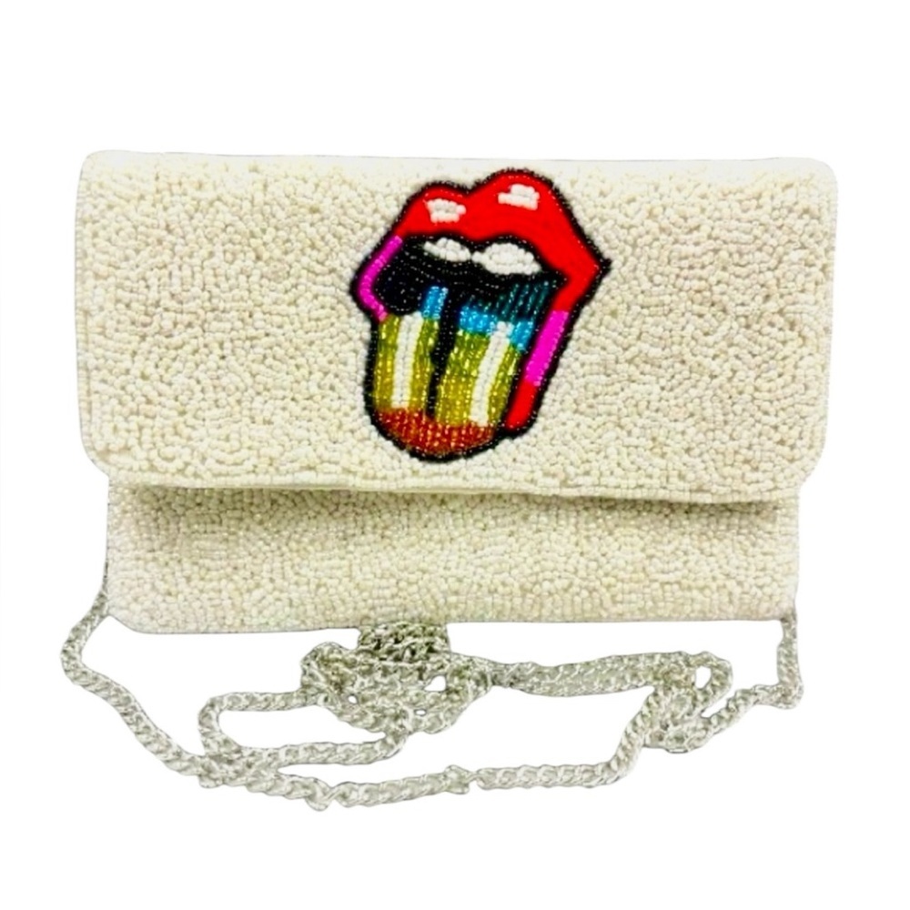 SHIRDEE white beaded lips tongue Stones purse